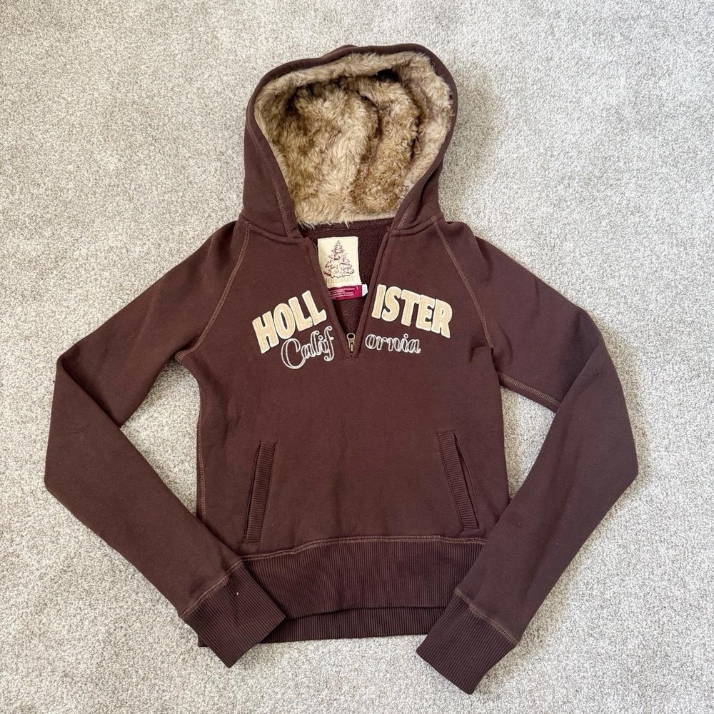 Vintage Y2K Hollister Brown Faux Fur Hood Hoodie — Size Large